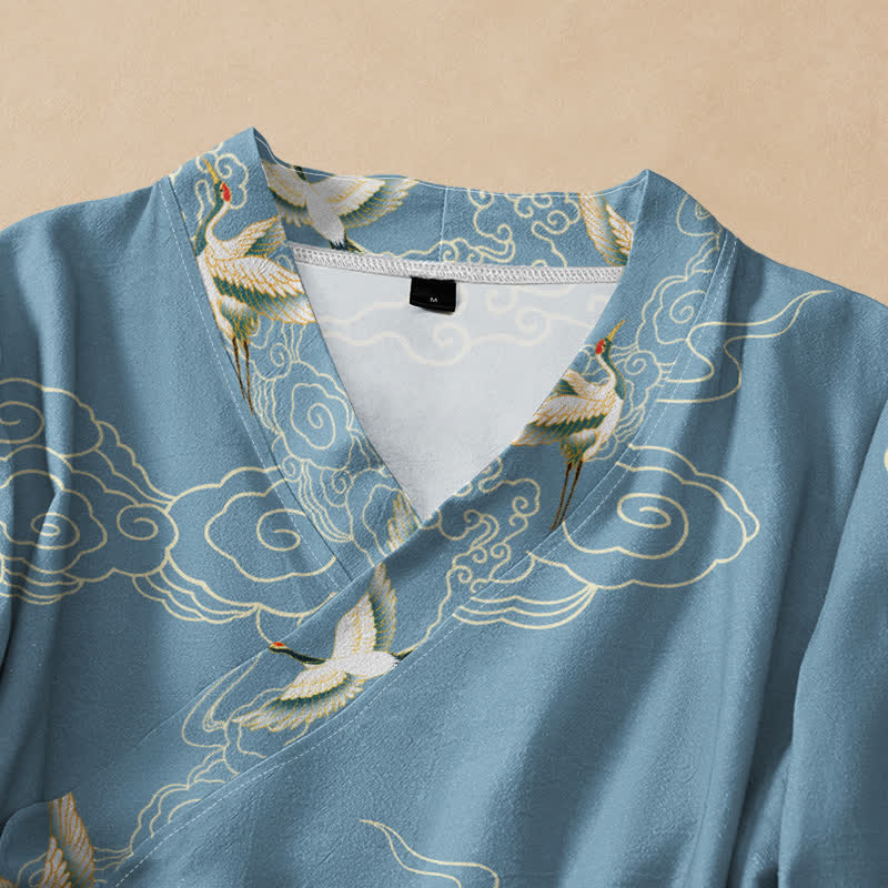 Kimono da donna a maniche lunghe con scollo a V e allacciatura, in cotone con stampa di gru e nuvole, stile Hanfu, con motivo Buddha Stones. - image 2