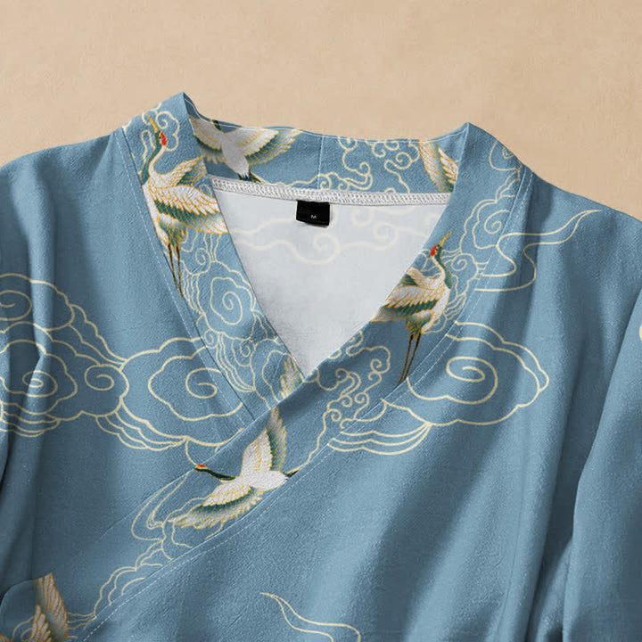 Kimono da donna a maniche lunghe con scollo a V e allacciatura, in cotone con stampa di gru e nuvole, stile Hanfu, con motivo Buddha Stones. - image 2