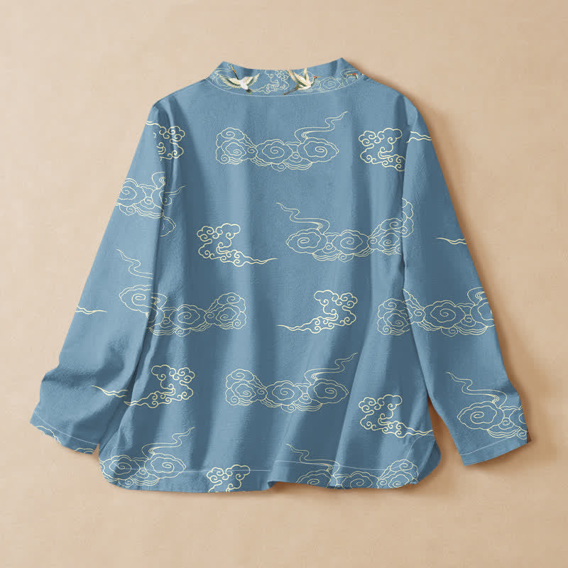 Kimono da donna a maniche lunghe con scollo a V e allacciatura, in cotone con stampa di gru e nuvole, stile Hanfu, con motivo Buddha Stones. - image 1