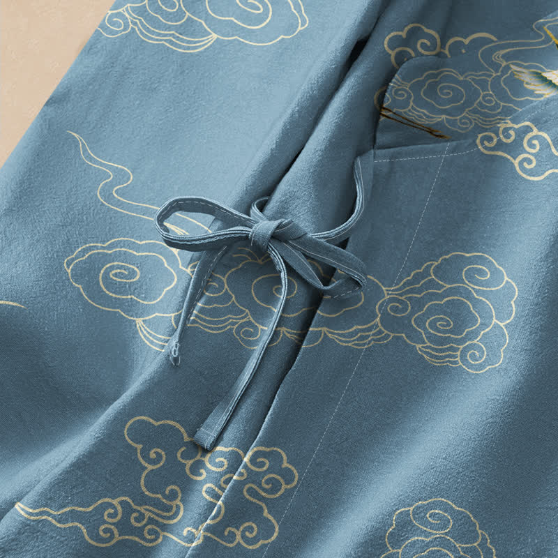 Kimono da donna a maniche lunghe con scollo a V e allacciatura, in cotone con stampa di gru e nuvole, stile Hanfu, con motivo Buddha Stones. - image 3