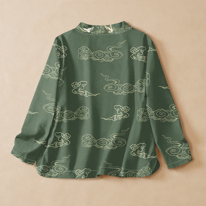 Kimono da donna a maniche lunghe con scollo a V e allacciatura, in cotone con stampa di gru e nuvole, stile Hanfu, con motivo Buddha Stones. - image 8