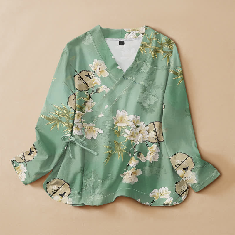 Kimono da donna a maniche lunghe con scollo a V e allacciatura, in cotone con stampa di magnolia e bambù e motivo Buddha Stones. - Acquamarina media - US16, UK/AU20, EU48 (3XL) - image 0