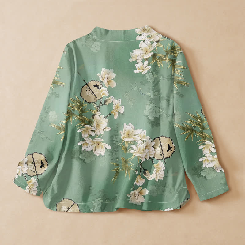 Kimono da donna a maniche lunghe con scollo a V e allacciatura, in cotone con stampa di magnolia e bambù e motivo Buddha Stones. - image 1