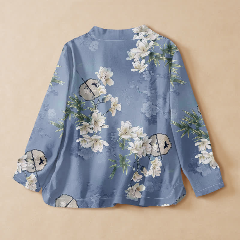 Kimono da donna a maniche lunghe con scollo a V e allacciatura, in cotone con stampa di magnolia e bambù e motivo Buddha Stones. - image 6