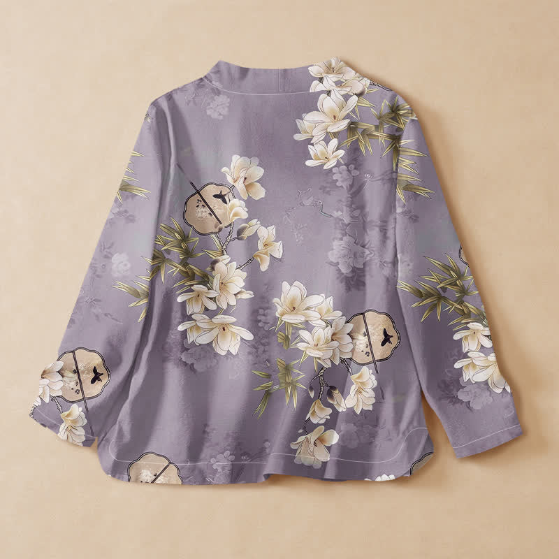 Kimono da donna a maniche lunghe con scollo a V e allacciatura, in cotone con stampa di magnolia e bambù e motivo Buddha Stones. - image 8