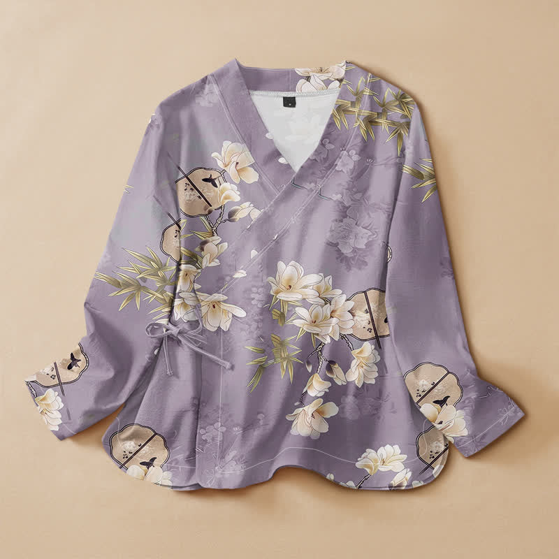 Kimono da donna a maniche lunghe con scollo a V e allacciatura, in cotone con stampa di magnolia e bambù e motivo Buddha Stones. - Lavanda - US16, UK/AU20, EU48 (3XL) - image 7