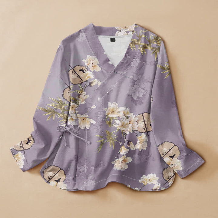 Kimono da donna a maniche lunghe con scollo a V e allacciatura, in cotone con stampa di magnolia e bambù e motivo Buddha Stones. - Lavanda - US16, UK/AU20, EU48 (3XL) - image 7