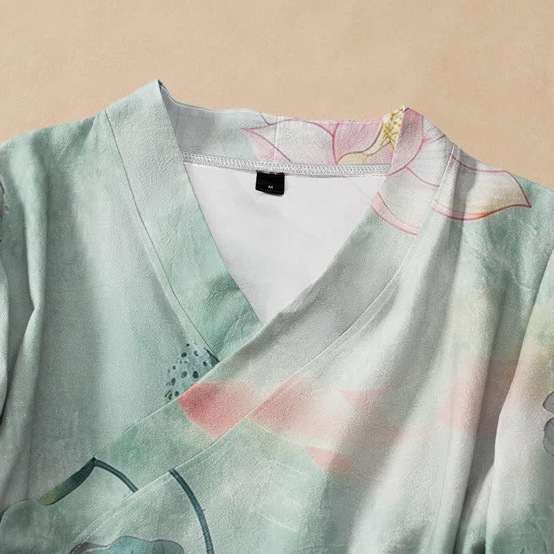 Kimono da donna a maniche lunghe con scollo a V e allacciatura, in cotone con stampa di fiori di loto Buddha Stones. - image 2