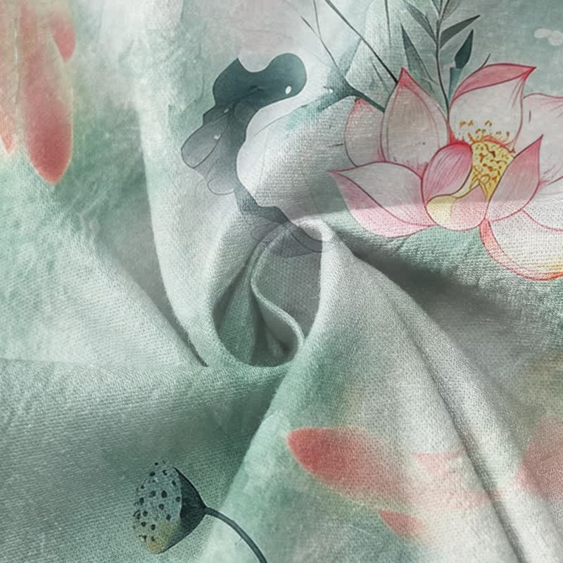 Kimono da donna a maniche lunghe con scollo a V e allacciatura, in cotone con stampa di fiori di loto Buddha Stones. - image 4