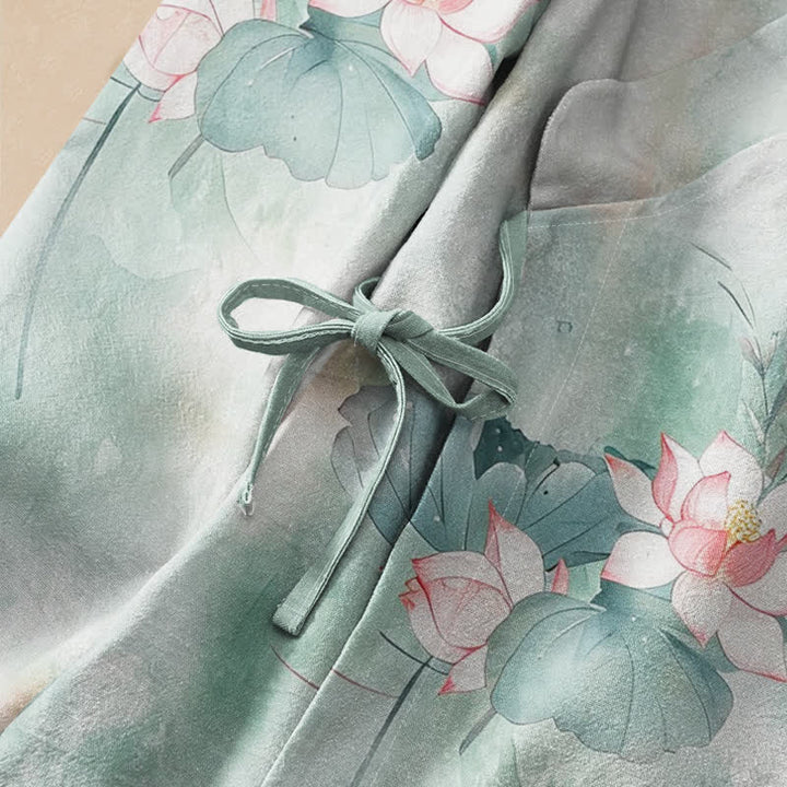 Kimono da donna a maniche lunghe con scollo a V e allacciatura, in cotone con stampa di fiori di loto Buddha Stones. - image 3