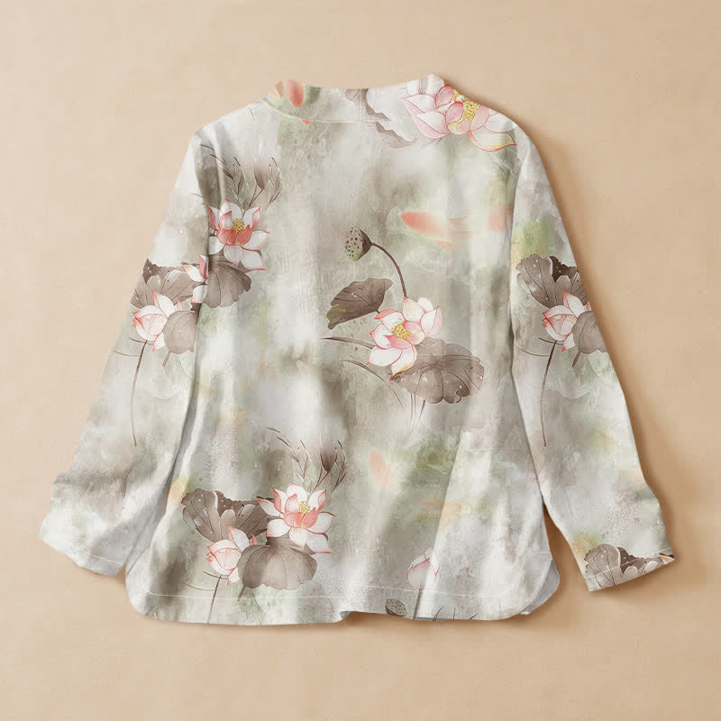Kimono da donna a maniche lunghe con scollo a V e allacciatura, in cotone con stampa di fiori di loto Buddha Stones. - image 6
