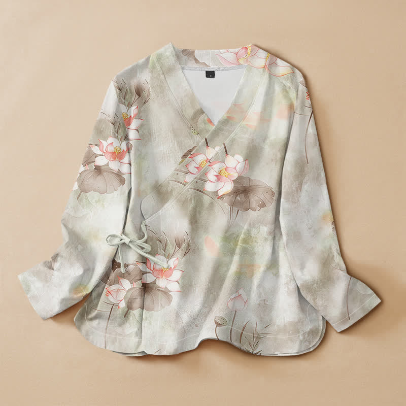 Kimono da donna a maniche lunghe con scollo a V e allacciatura, in cotone con stampa di fiori di loto Buddha Stones. - Beige - US16, UK/AU20, EU48 (3XL) - image 5