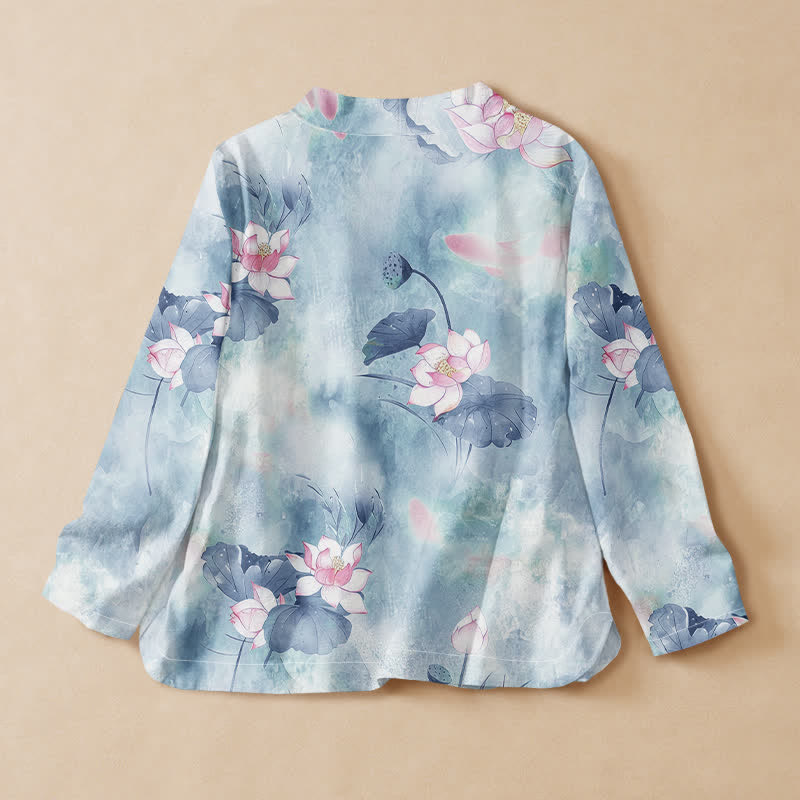 Kimono da donna a maniche lunghe con scollo a V e allacciatura, in cotone con stampa di fiori di loto Buddha Stones. - image 8