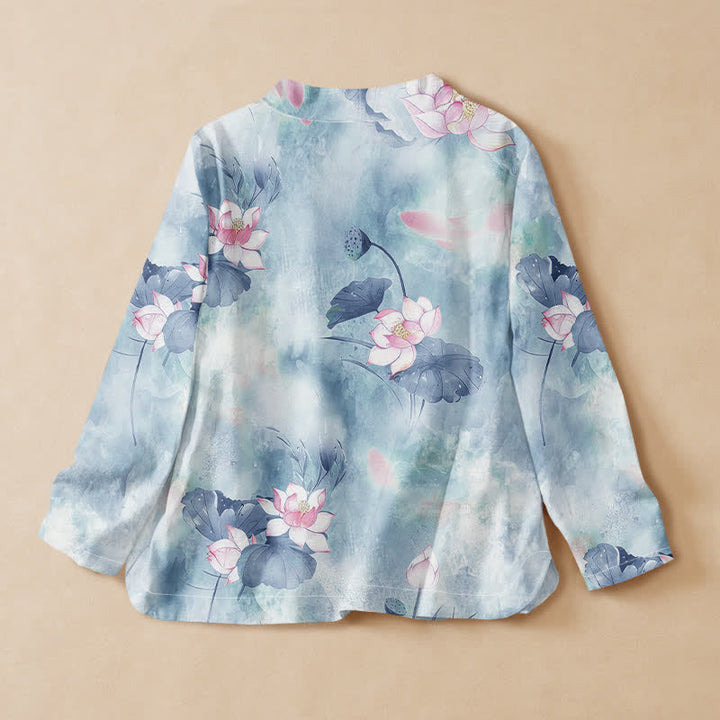 Kimono da donna a maniche lunghe con scollo a V e allacciatura, in cotone con stampa di fiori di loto Buddha Stones. - image 8