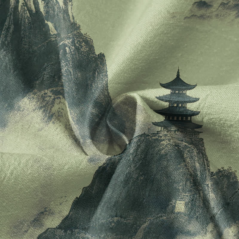 Kimono da donna a maniche lunghe con scollo a V e allacciatura, stampa paesaggio pagoda Buddha Stones in cotone. - image 4