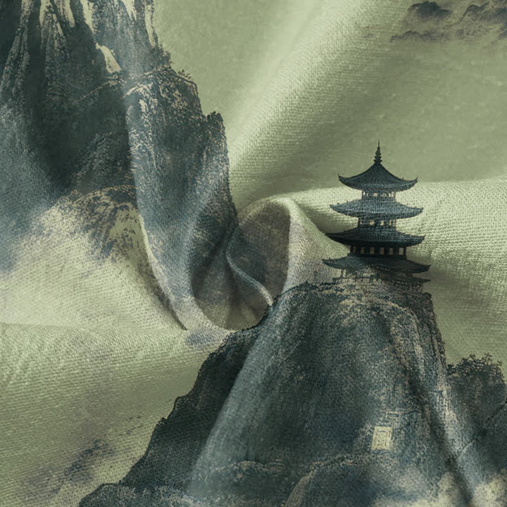Kimono da donna a maniche lunghe con scollo a V e allacciatura, stampa paesaggio pagoda Buddha Stones in cotone. - image 4
