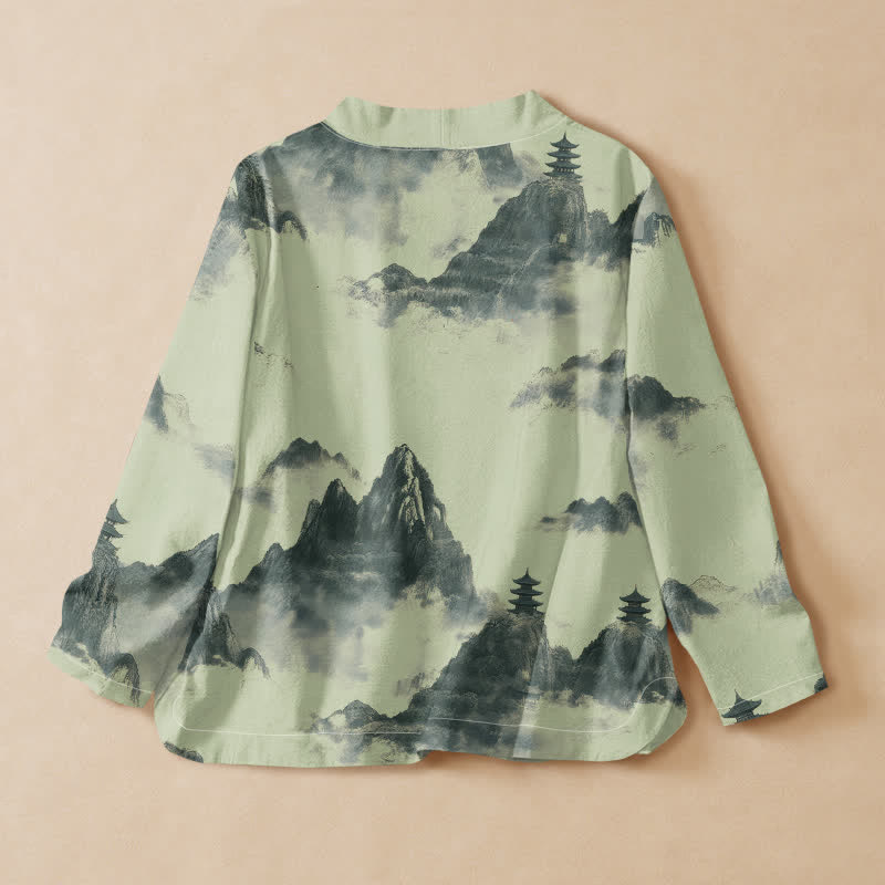Kimono da donna a maniche lunghe con scollo a V e allacciatura, stampa paesaggio pagoda Buddha Stones in cotone. - image 1