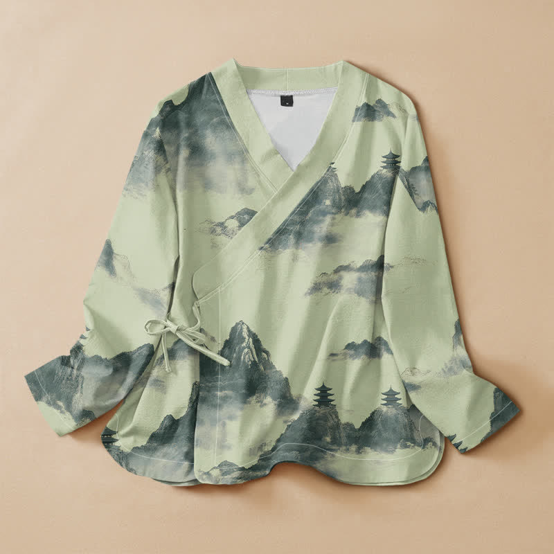 Kimono da donna a maniche lunghe con scollo a V e allacciatura, stampa paesaggio pagoda Buddha Stones in cotone. - Verde pallido - US16, UK/AU20, EU48 (3XL) - image 0