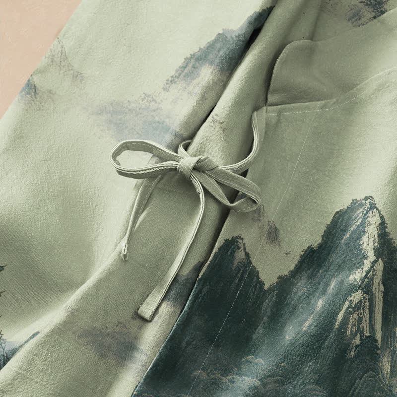 Kimono da donna a maniche lunghe con scollo a V e allacciatura, stampa paesaggio pagoda Buddha Stones in cotone. - image 3