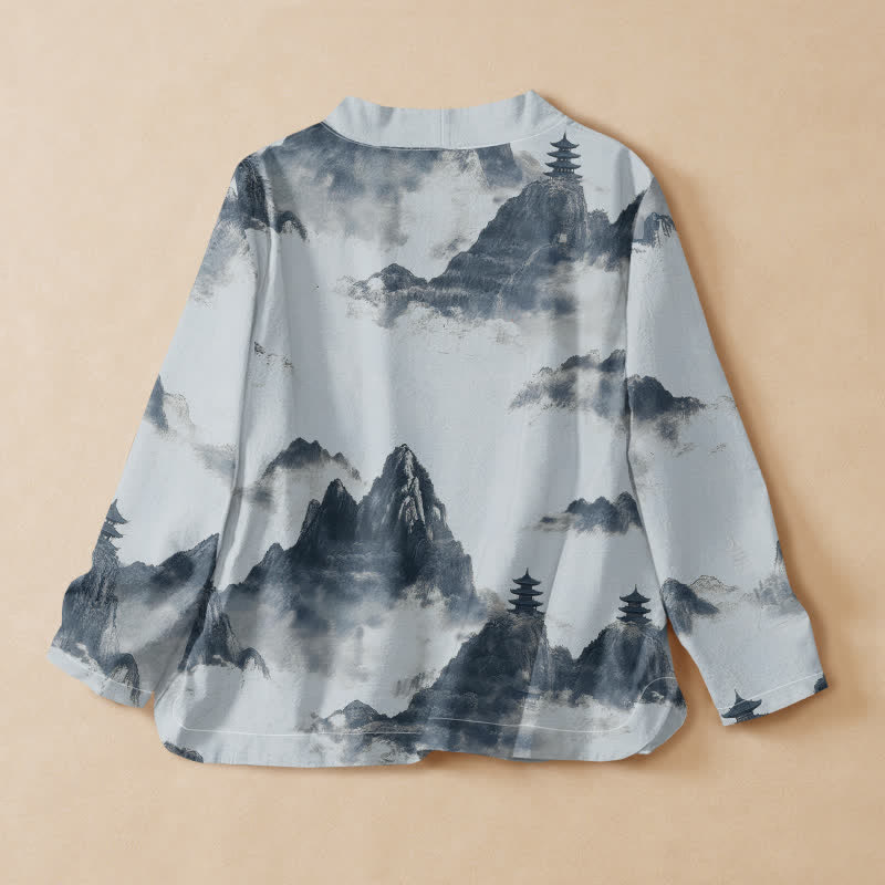 Kimono da donna a maniche lunghe con scollo a V e allacciatura, stampa paesaggio pagoda Buddha Stones in cotone. - image 6