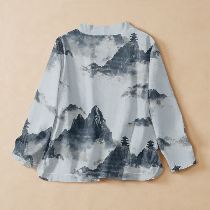 Kimono da donna a maniche lunghe con scollo a V e allacciatura, stampa paesaggio pagoda Buddha Stones in cotone. - image 6