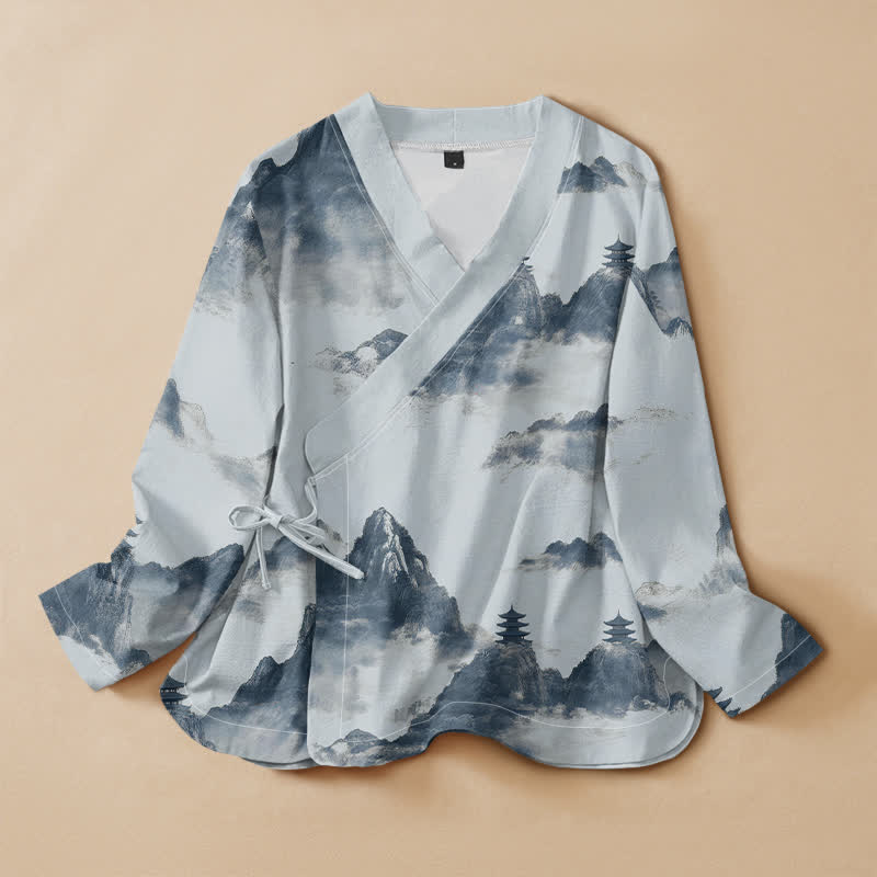 Kimono da donna a maniche lunghe con scollo a V e allacciatura, stampa paesaggio pagoda Buddha Stones in cotone. - Azzurro polvere - US16, UK/AU20, EU48 (3XL) - image 5