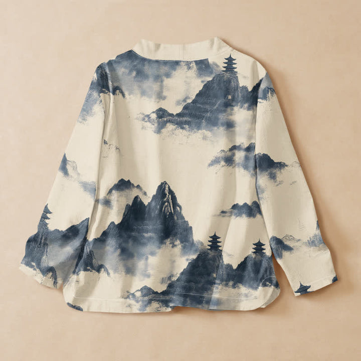 Kimono da donna a maniche lunghe con scollo a V e allacciatura, stampa paesaggio pagoda Buddha Stones in cotone. - image 8