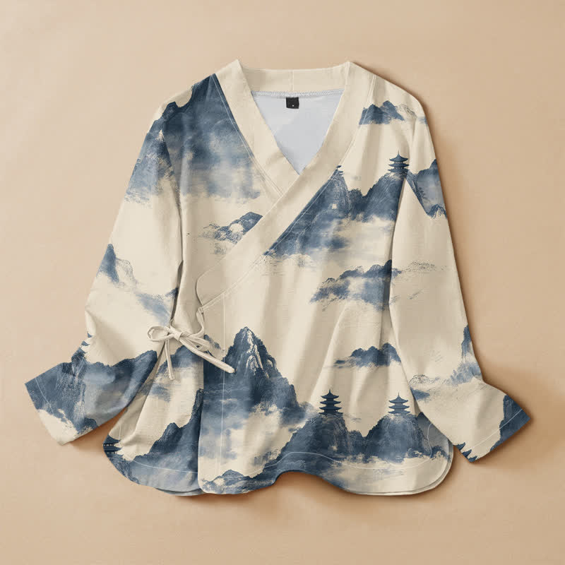 Kimono da donna a maniche lunghe con scollo a V e allacciatura, stampa paesaggio pagoda Buddha Stones in cotone. - Beige - US16, UK/AU20, EU48 (3XL) - image 7