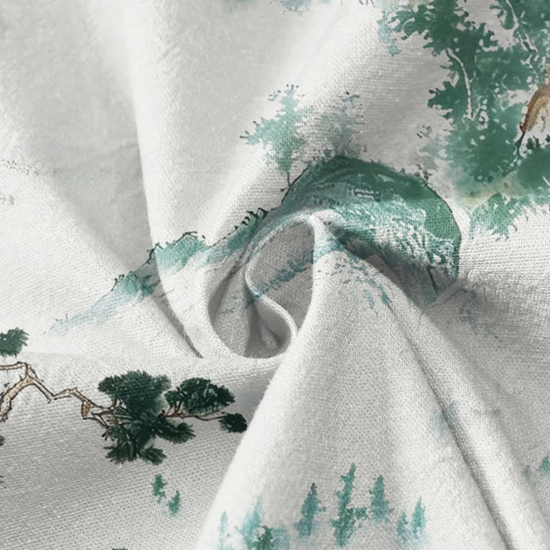 Kimono da donna a maniche lunghe con scollo a V e allacciatura, in cotone con stampa di pini e paesaggio Buddha Stones. - image 4