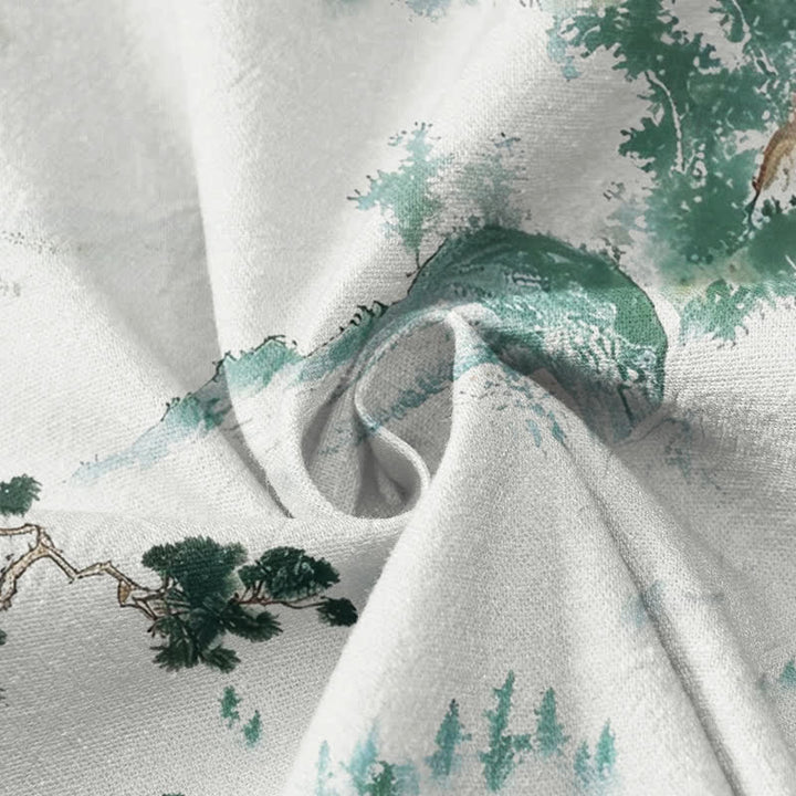 Kimono da donna a maniche lunghe con scollo a V e allacciatura, in cotone con stampa di pini e paesaggio Buddha Stones. - image 4