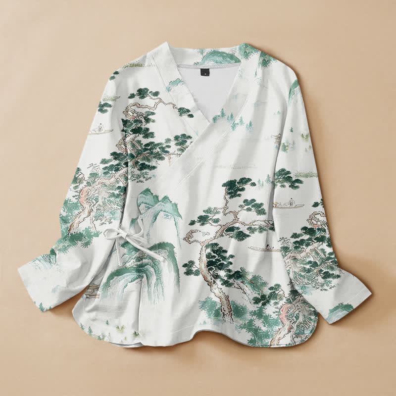 Kimono da donna a maniche lunghe con scollo a V e allacciatura, in cotone con stampa di pini e paesaggio Buddha Stones. - Melata - US16, UK/AU20, EU48 (3XL) - image 0