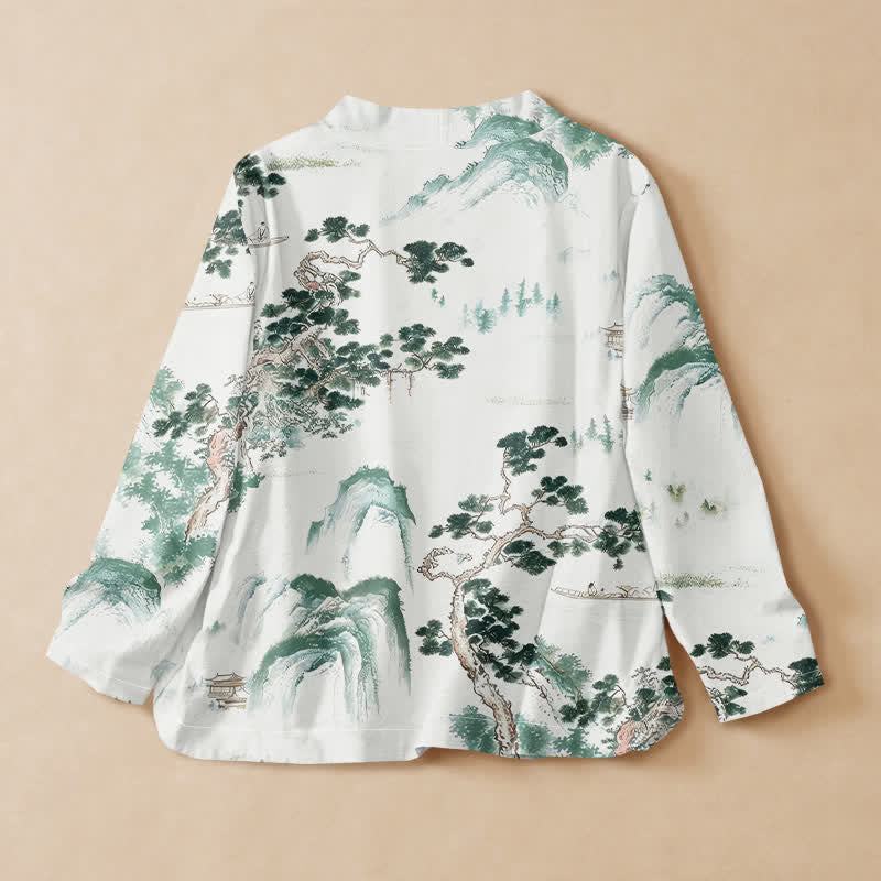 Kimono da donna a maniche lunghe con scollo a V e allacciatura, in cotone con stampa di pini e paesaggio Buddha Stones. - image 1