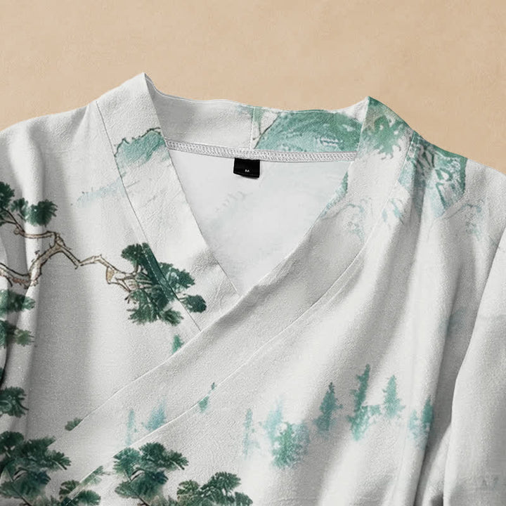 Kimono da donna a maniche lunghe con scollo a V e allacciatura, in cotone con stampa di pini e paesaggio Buddha Stones. - image 2