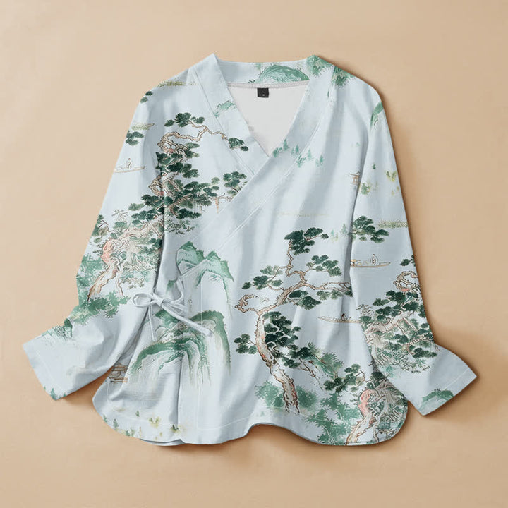 Kimono da donna a maniche lunghe con scollo a V e allacciatura, in cotone con stampa di pini e paesaggio Buddha Stones. - Turchese pallido - US16, UK/AU20, EU48 (3XL) - image 5