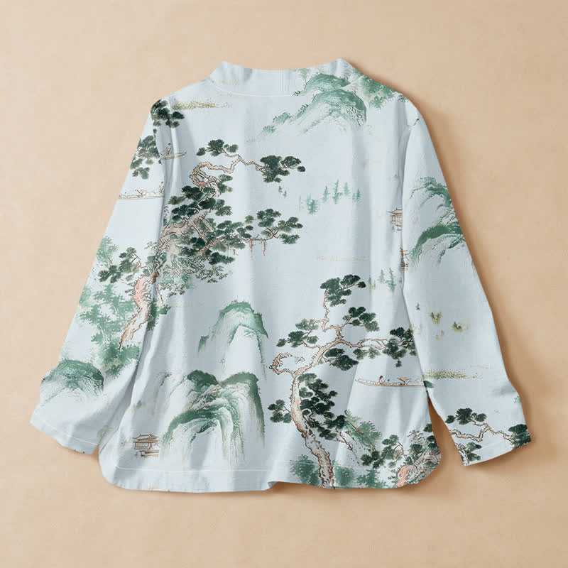 Kimono da donna a maniche lunghe con scollo a V e allacciatura, in cotone con stampa di pini e paesaggio Buddha Stones. - image 6