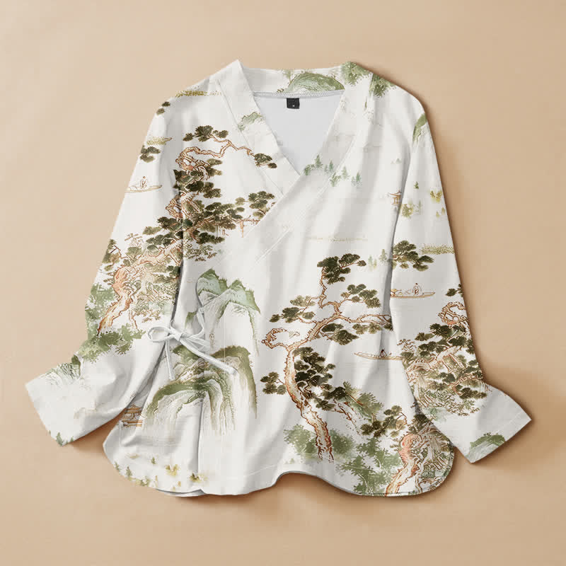 Kimono da donna a maniche lunghe con scollo a V e allacciatura, in cotone con stampa di pini e paesaggio Buddha Stones. - Beige - US16, UK/AU20, EU48 (3XL) - image 7