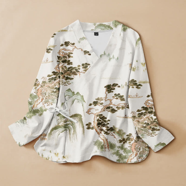 Kimono da donna a maniche lunghe con scollo a V e allacciatura, in cotone con stampa di pini e paesaggio Buddha Stones. - Beige - US16, UK/AU20, EU48 (3XL) - image 7