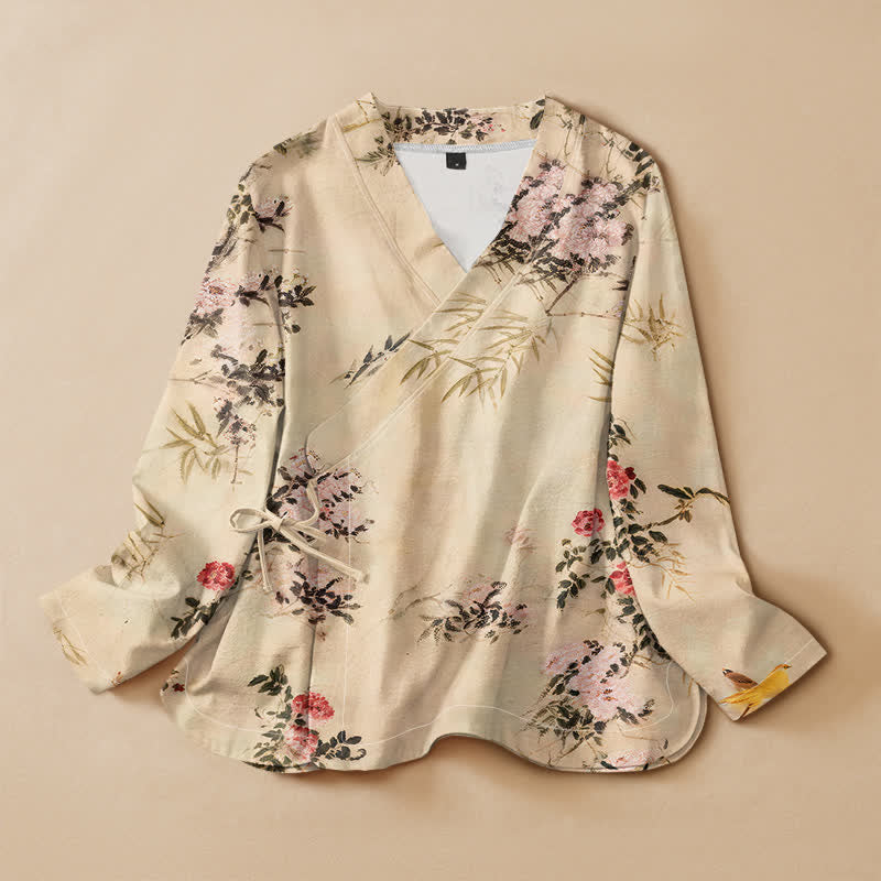 Kimono da donna a maniche lunghe con scollo a V e allacciatura, in cotone con stampa di fiori di bambù Buddha Stones. - Beige - US16, UK/AU20, EU48 (3XL) - image 0