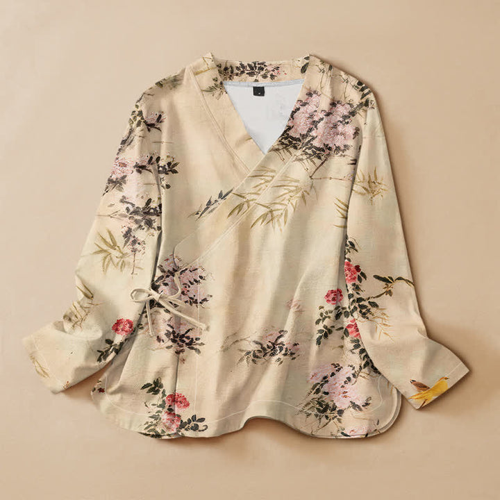Kimono da donna a maniche lunghe con scollo a V e allacciatura, in cotone con stampa di fiori di bambù Buddha Stones. - Beige - US16, UK/AU20, EU48 (3XL) - image 0