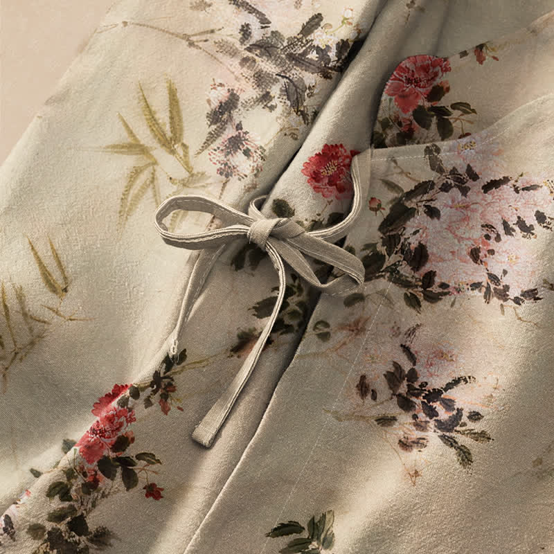 Kimono da donna a maniche lunghe con scollo a V e allacciatura, in cotone con stampa di fiori di bambù Buddha Stones. - image 3
