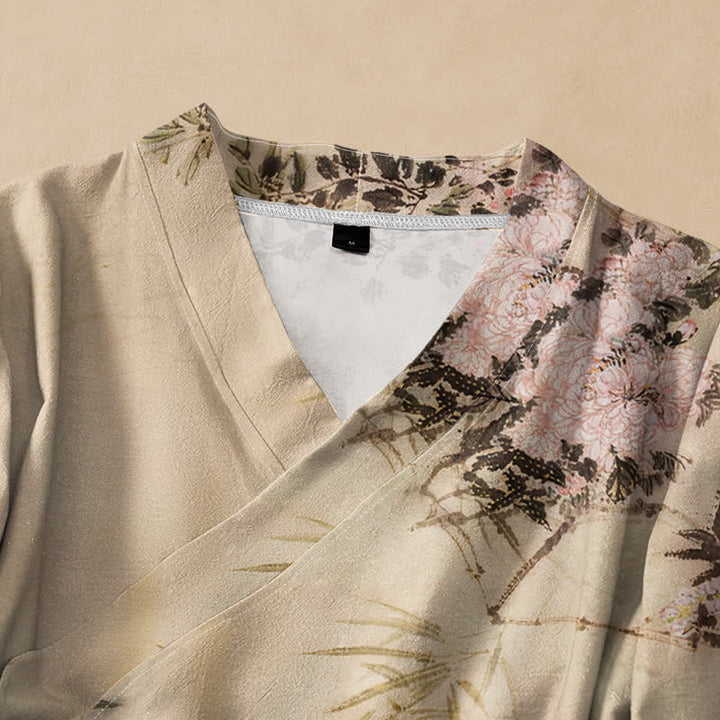 Kimono da donna a maniche lunghe con scollo a V e allacciatura, in cotone con stampa di fiori di bambù Buddha Stones. - image 2