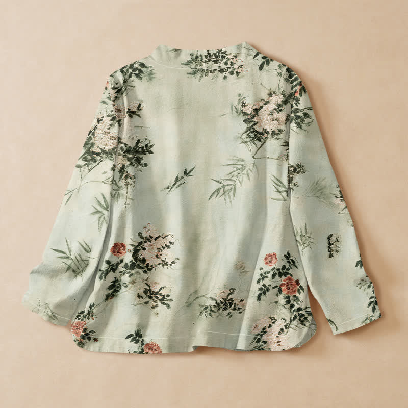 Kimono da donna a maniche lunghe con scollo a V e allacciatura, in cotone con stampa di fiori di bambù Buddha Stones. - image 6