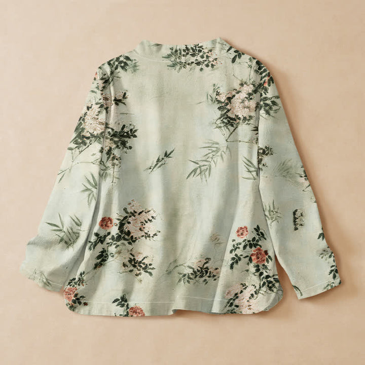 Kimono da donna a maniche lunghe con scollo a V e allacciatura, in cotone con stampa di fiori di bambù Buddha Stones. - image 6