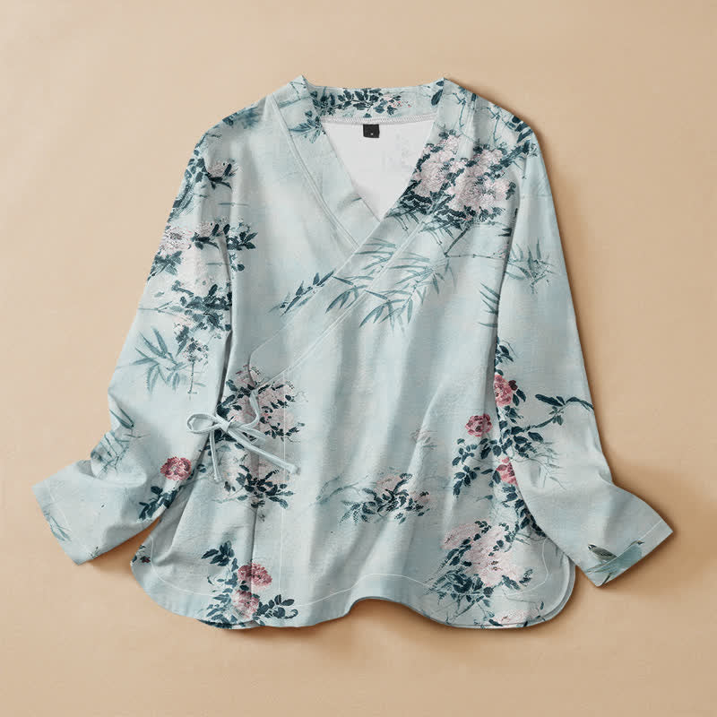 Kimono da donna a maniche lunghe con scollo a V e allacciatura, in cotone con stampa di fiori di bambù Buddha Stones. - Turchese pallido - US16, UK/AU20, EU48 (3XL) - image 7