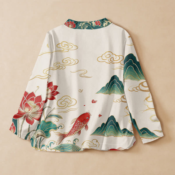 Kimono da donna a maniche lunghe con scollo a V e allacciatura, in cotone con motivo Buddha Stones, koi, loto e nuvole. - image 1