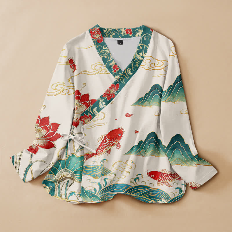Kimono da donna a maniche lunghe con scollo a V e allacciatura, in cotone con motivo Buddha Stones, koi, loto e nuvole. - Avorio - US16, UK/AU20, EU48 (3XL) - image 0