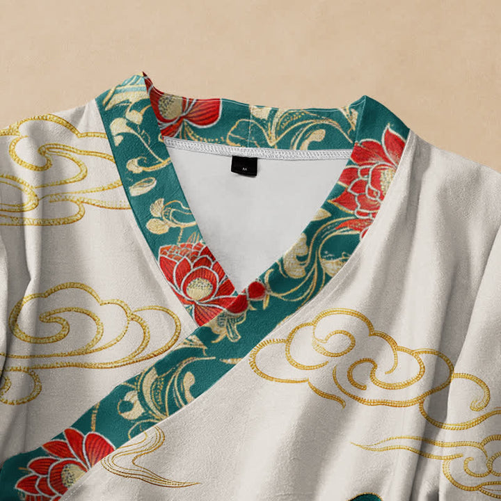 Kimono da donna a maniche lunghe con scollo a V e allacciatura, in cotone con motivo Buddha Stones, koi, loto e nuvole. - image 2