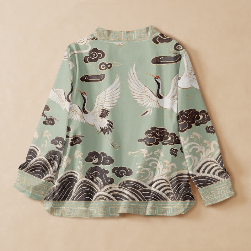 Kimono da donna a maniche lunghe con scollo a V e allacciatura, in cotone con stampa Buddha Stones, gru, nuvole e onde, stile Hanfu. - image 1