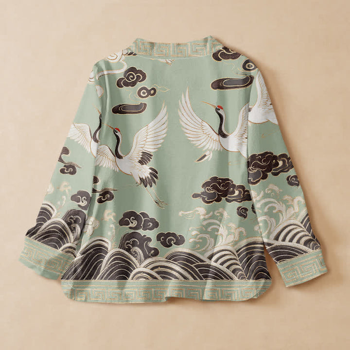 Kimono da donna a maniche lunghe con scollo a V e allacciatura, in cotone con stampa Buddha Stones, gru, nuvole e onde, stile Hanfu. - image 1