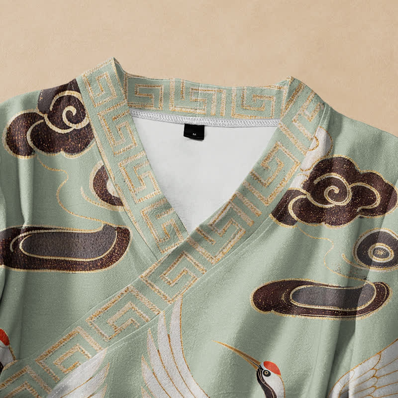Kimono da donna a maniche lunghe con scollo a V e allacciatura, in cotone con stampa Buddha Stones, gru, nuvole e onde, stile Hanfu. - image 2